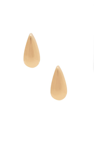 Gold tear shape small stud earrings on white background. 