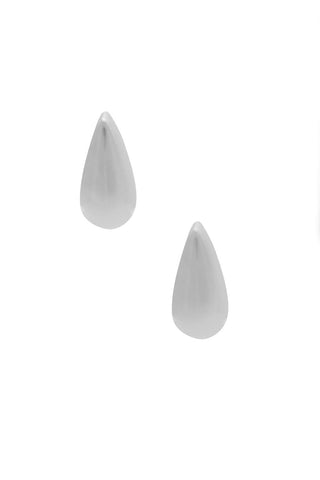 Silver tear shape small stud earrings on white background. 