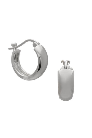 Silver chunky hoop earrings against white backdrop. 