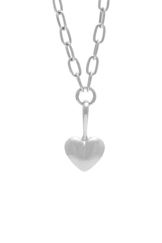Sarah Mulder Little Puffed Heart Necklace in rhodium. 
