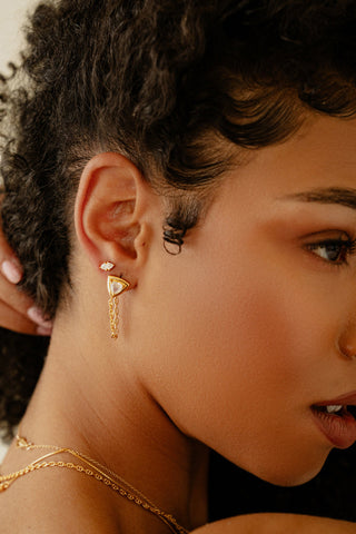 Woman wearing Sarah Mulder Trillium Earrings in 24K gold . 
