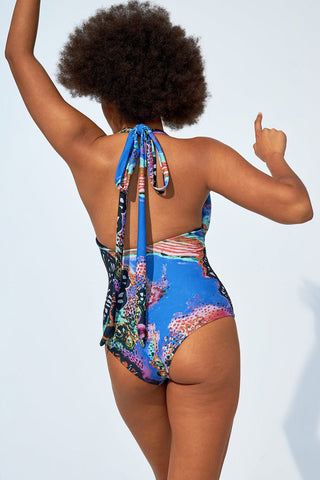 Model wearing Oscar print recycled polyester Samantha one-piece swimsuit by Selfish. 