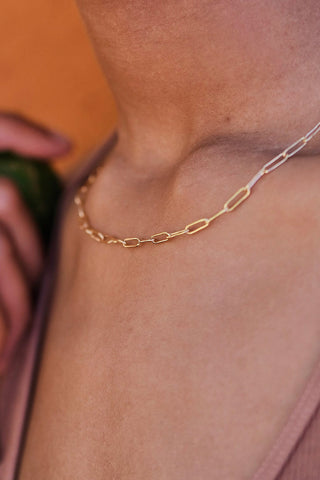 Model wearing Soko Mini Ellipse Link Necklace.