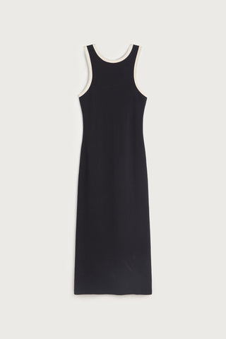 Navy sleeveless midi length dress with white trim around neck and arms. 