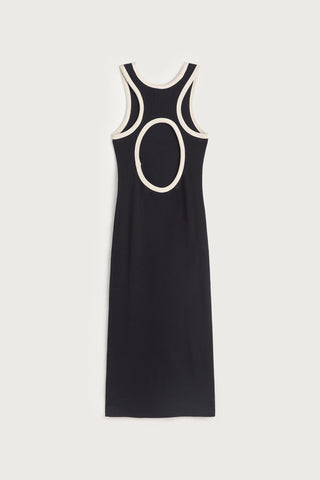 Back of navy sleeveless midi length dress with white trim around neckline and circular cut-out. 