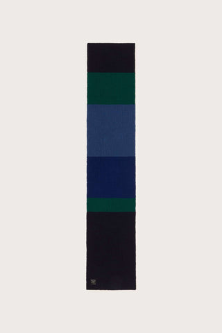 Flat lay image of blue & green stripe wool rib knit Ghede Scarf. 