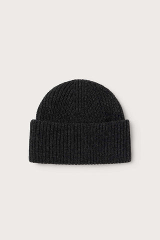 Flat lay image of grey thick rib knit Ruby Beanie by Thinking Mu.