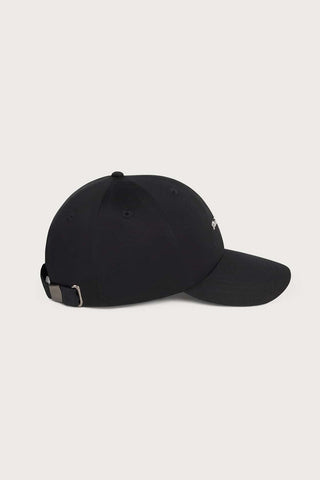 Side view of black baseball cap. 