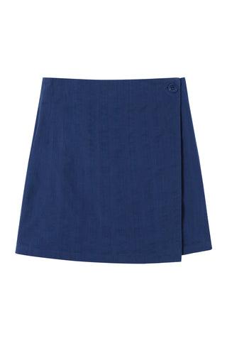 Navy blue short wrap Milena Skirt by Thinking Mu. 