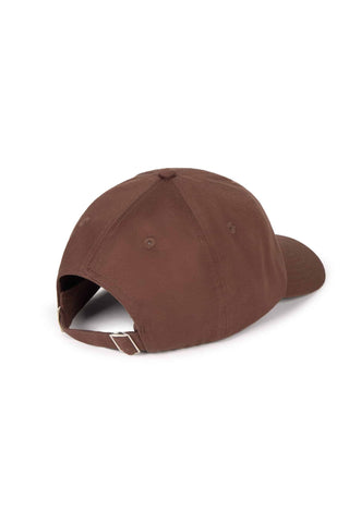 A brown baseball cap shown from a rear three-quarter angle on a clean white background.