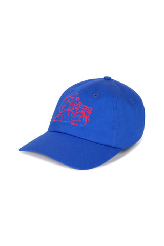 A royal blue baseball cap with a red embroidered graphic on the front, photographed against a light gray background.