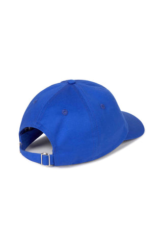A royal blue baseball cap shown from a rear three-quarter angle on a clean white background.