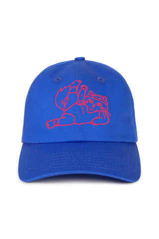 A royal blue baseball cap featuring a red embroidered graphic of a exercising cat on the front, set against a plain white background.