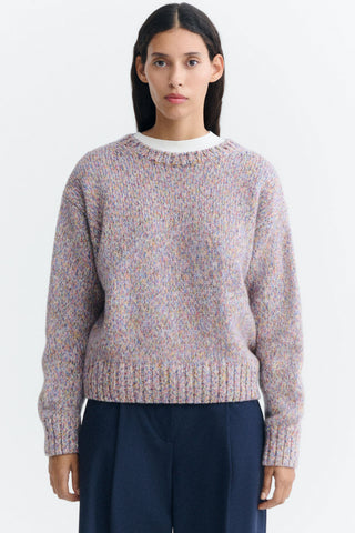 A woman wearing a multi-colour speckled crewneck knit sweater, paired with navy blue trousers, against a plain white studio background.