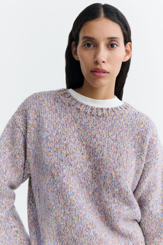 A close-up of woman wearing a multi-colour speckled crewneck knit sweater against a plain white studio background.