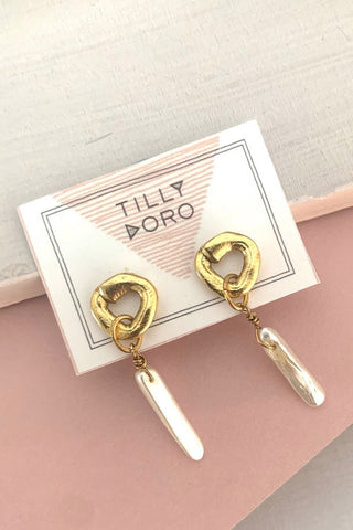 Gold plated gold and pearl drop Cycle Earrings by Tilly D'oro