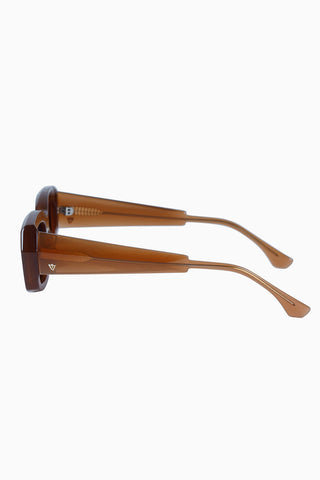 Side view of Valley Eyewear Holycity sunglasses in cinnamon with black lenses. 
