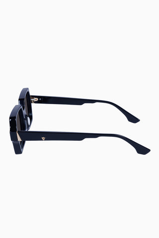 Side view of Valley Eyewear Liberty Sunglasses in gloss black with black lens. 