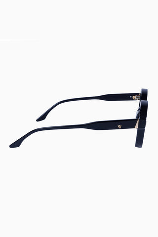 Side view of Valley Eyewear Motel Sunglasses in gloss black with black lenses. 