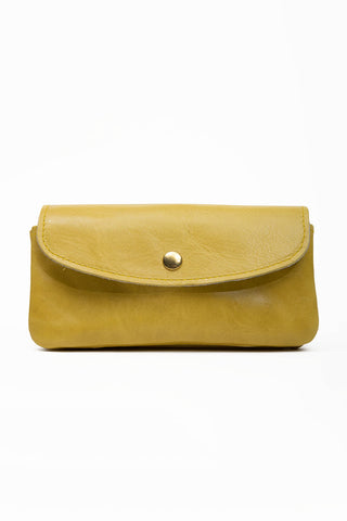 Yellow leather wallet with brass snap closure. 