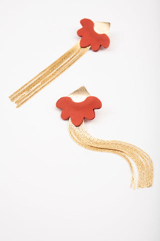 Scalloped coral leather with brass chain earrings. 