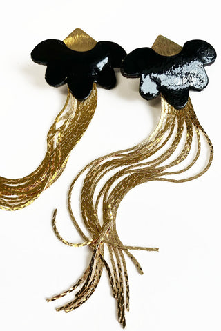 Scalloped glossy black leather with brass chain earrings. 