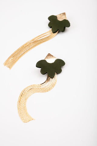 Scalloped dark green leather with brass chain earrings. 