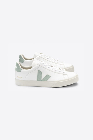 Veja Chromefree Leather Campo White + Matcha green eco-friendly sneakers. 