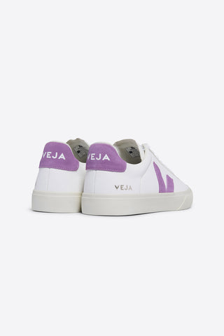 Back view of Veja Chromefree Leather Campo White + Mulberry purple eco-friendly sneakers. 