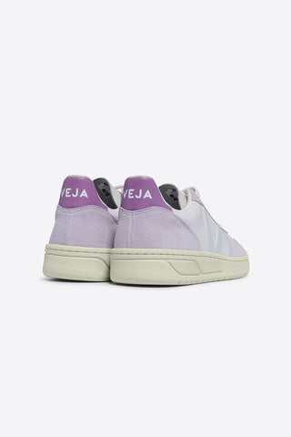Back view of Veja V-10 Leather and Suede Gravel Menthol Parma eco-friendly sneakers. 