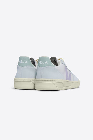 Back view of Veja V-10 Gravel Parme Menthol leather and suede eco-friendly sneakers. 