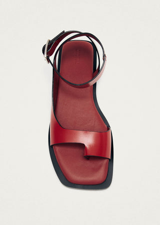 Top down view of red leather toe ring sandal with ankle strap. 
