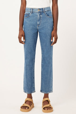 Front view of DL1961 Organic Cotton Patti Straight high rise jeans in vintage blue rapids wash. 