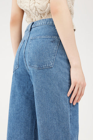 Close-up of back pocket of DL1961 Zoie Wide Leg jeans. 