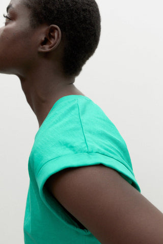 Close-up of green organic cotton Rennes T-shirt by Ecoalf. 