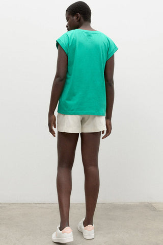 Back view of model wearing a green organic cotton  v-neck Rennes T-shirt by Ecoalf. 