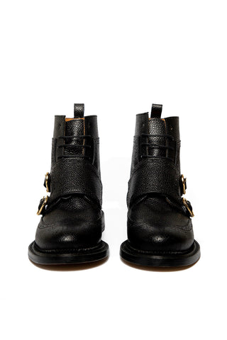 Black leather Duffy derby boots with two buckles by Hoyden. 