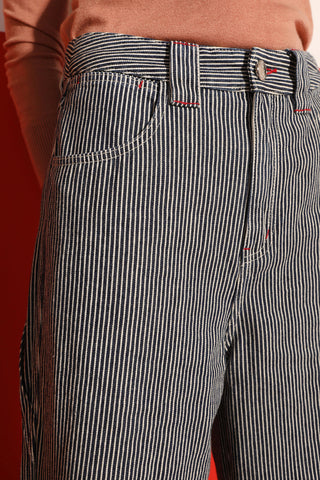 Closeup of railroad stripe workwear inspired LF Markey Hart Trouser. 