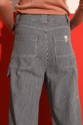 Back view of railroad stripe workwear inspired LF Markey Hart Trouser. 