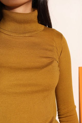 Close-up of model wearing chartreuse Joshua turtleneck by LF Markey. 