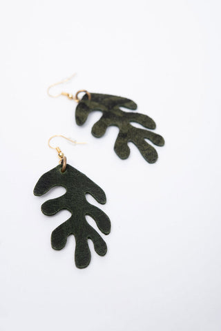 Dark green upcycled leather Corail dangle earrings by Veinage. 