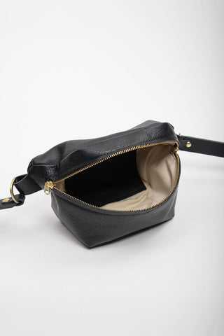Inside the Veinage Musa upcycled black leather fanny pack.