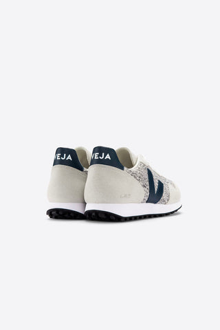 Back view of grey and navy vintage inspired flannel and suede panelled SDU sneakers by Veja. 